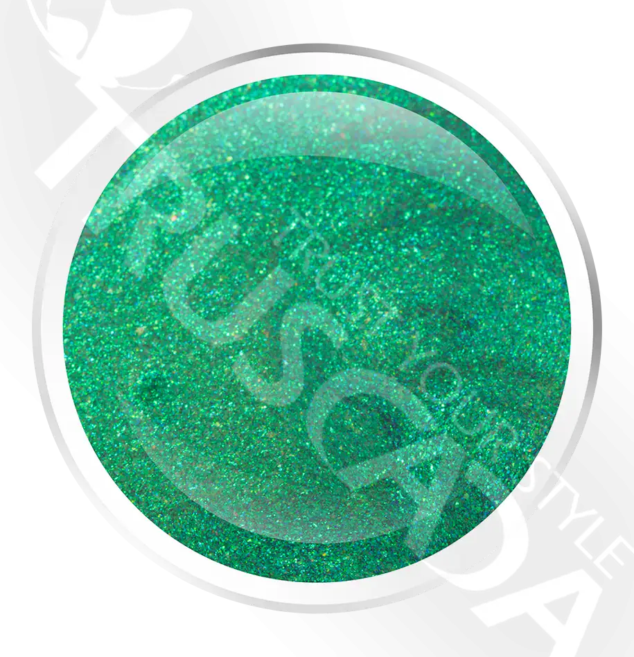 Shimmering green glitter eyeshadow pot from Truscada Northern Ireland, showcasing vibrant cosmetic pigments for eye beauty and makeup styles.