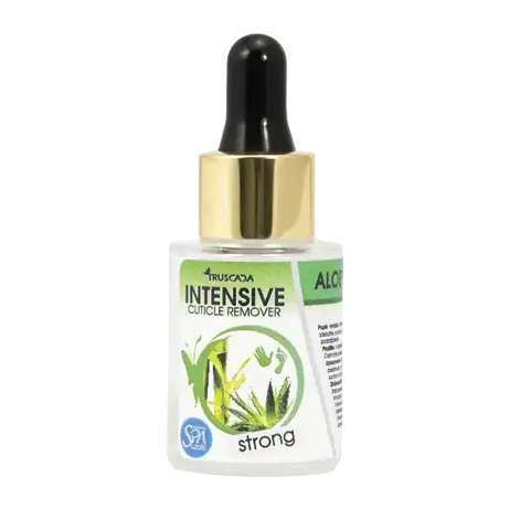 Aloe Vera intensive cuticle remover serum with dropper for professional manicures and pedicures, promotes healthy nail growth.