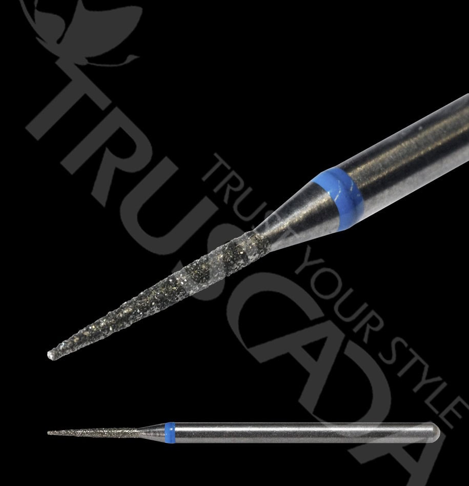Russian drill bit with diamond coating, suitable for precision dental or cosmetic procedures, featuring a blue ring for size identification, displayed on a black background.