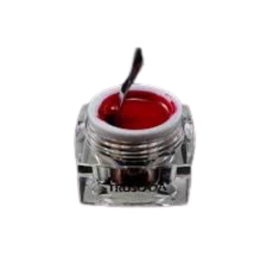 Creamy red lip gloss in a clear pot with a black applicator wand, perfect for enhancing lip beauty and adding shine, available at Truscada Northern Ireland.